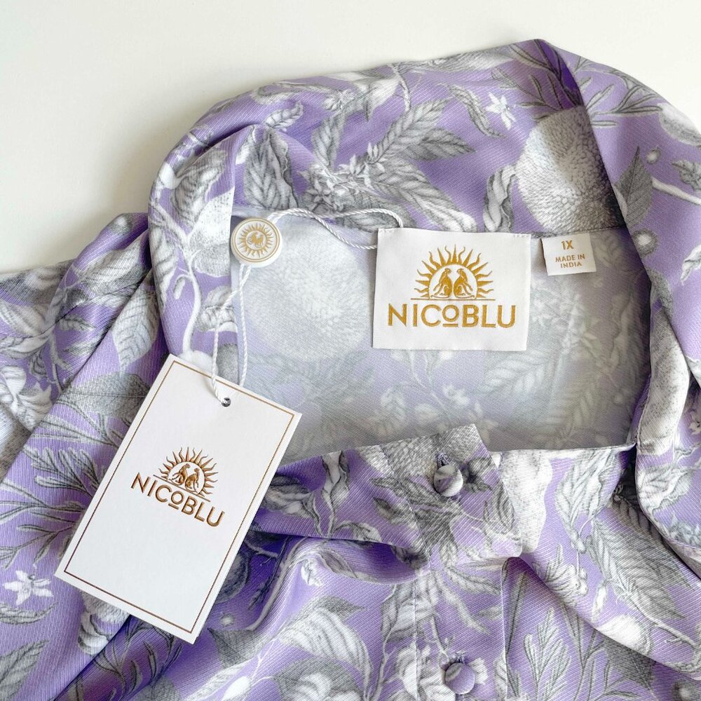 NicoBlu Pussybow Blouse Purple Floral Botanical Plus Size 1X NEW NWT - Picture 3 of 7